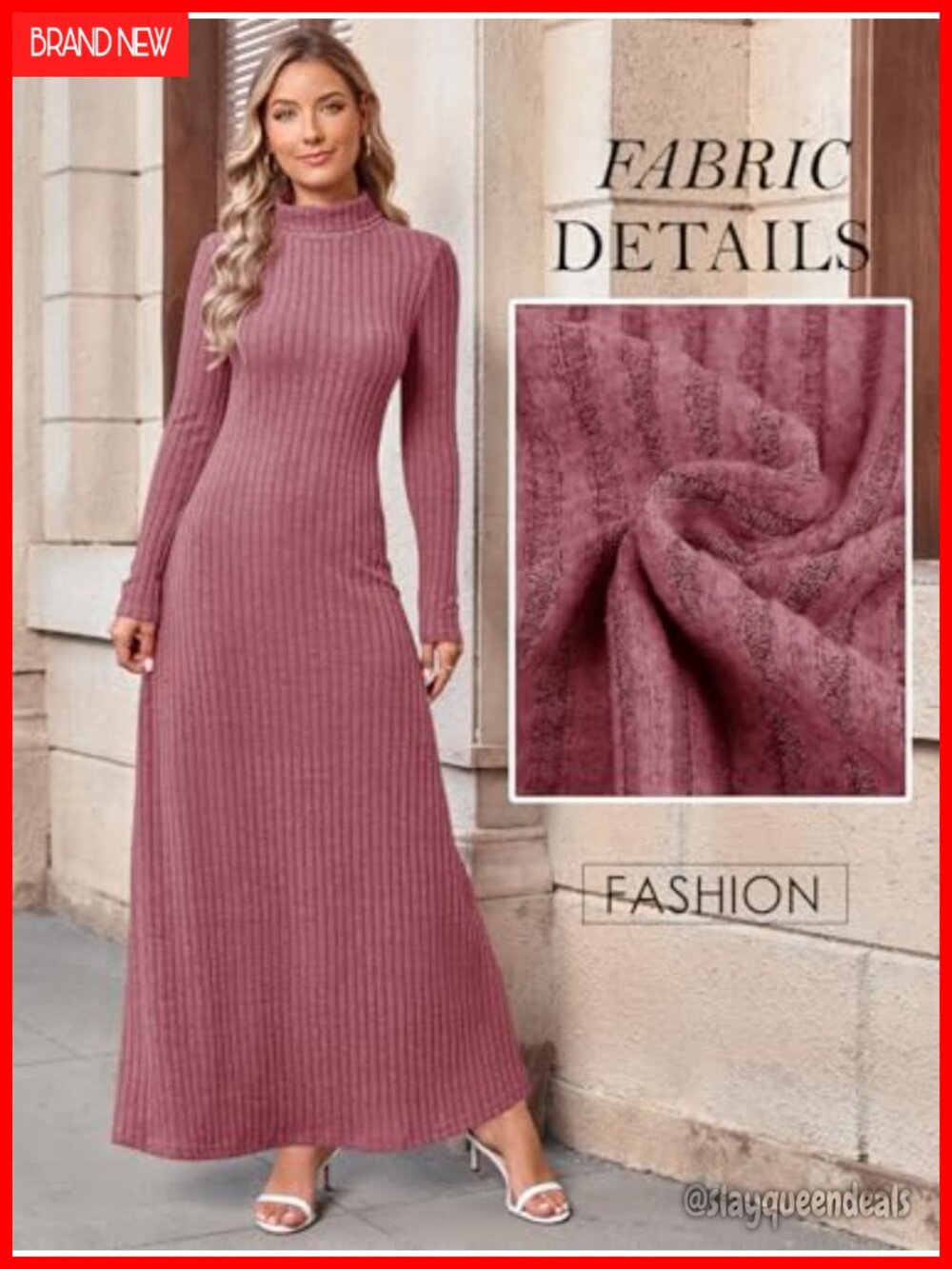 MITILLY Women's Ribbed Knit Long Sleeve Maxi Dress Turtle Neck Bodycon - Picture 5 of 6